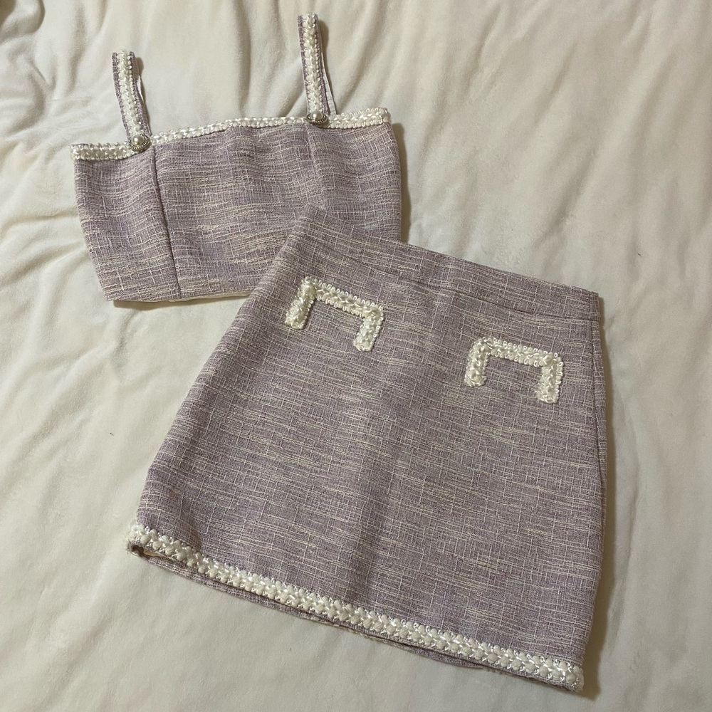 YesStyle ☀️ Light Lavender Tweed Pearl Crop Top & Matching Skirt Set